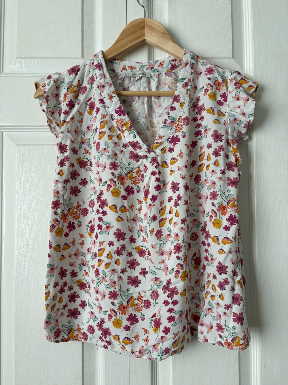 Anne Carson White Floral V-Neck Blouse with Pink and Yellow Flowers